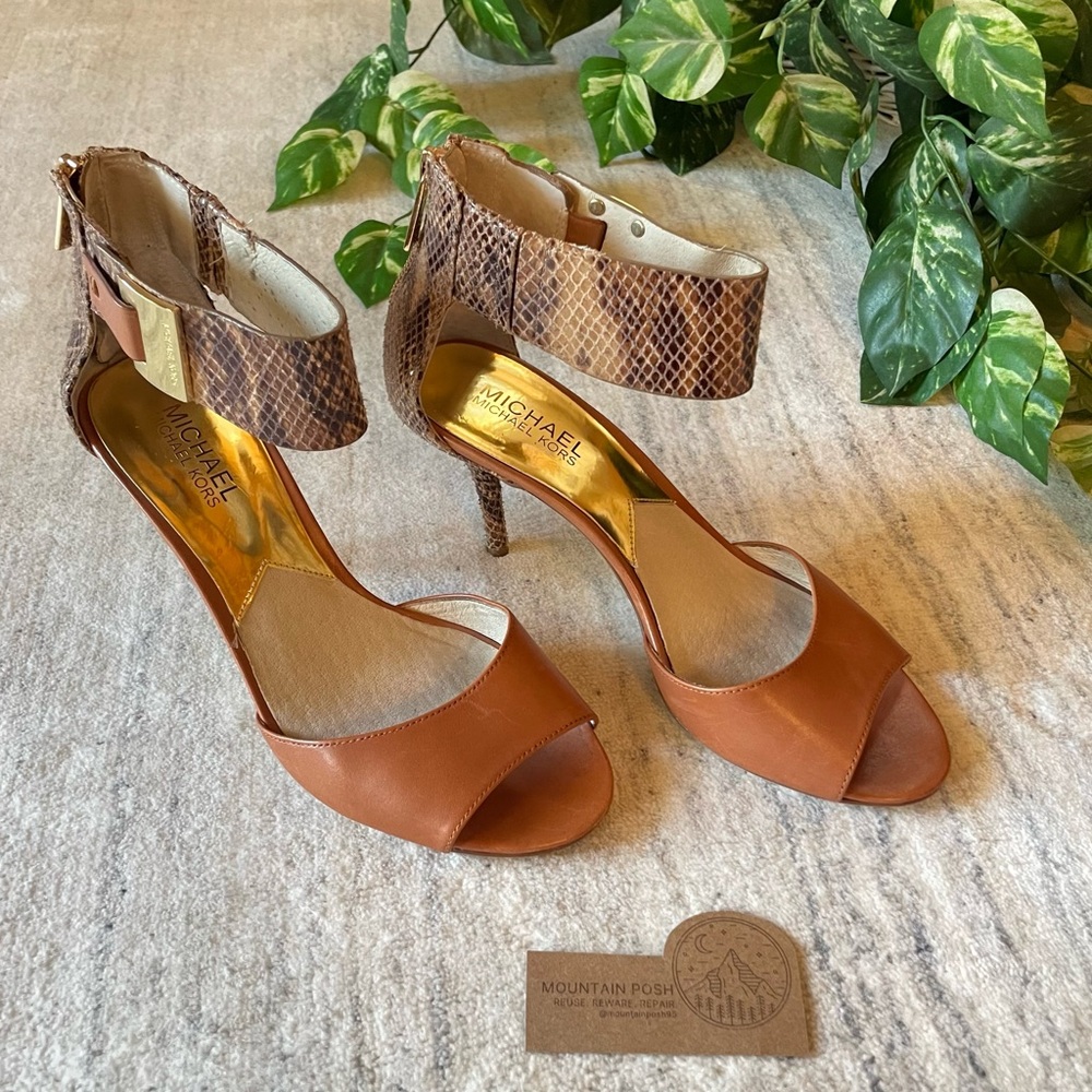 Michael Kors | Women’s Guiliana Leather Open Toe Python Ankle Strap Stiletto 7.5
